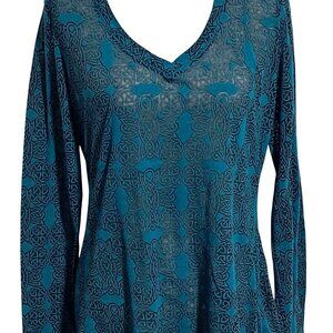 Maurices Sheer Burnout Celtic Shirt Womens XL Long Sleeve V-Neck Top Teal & Blac
